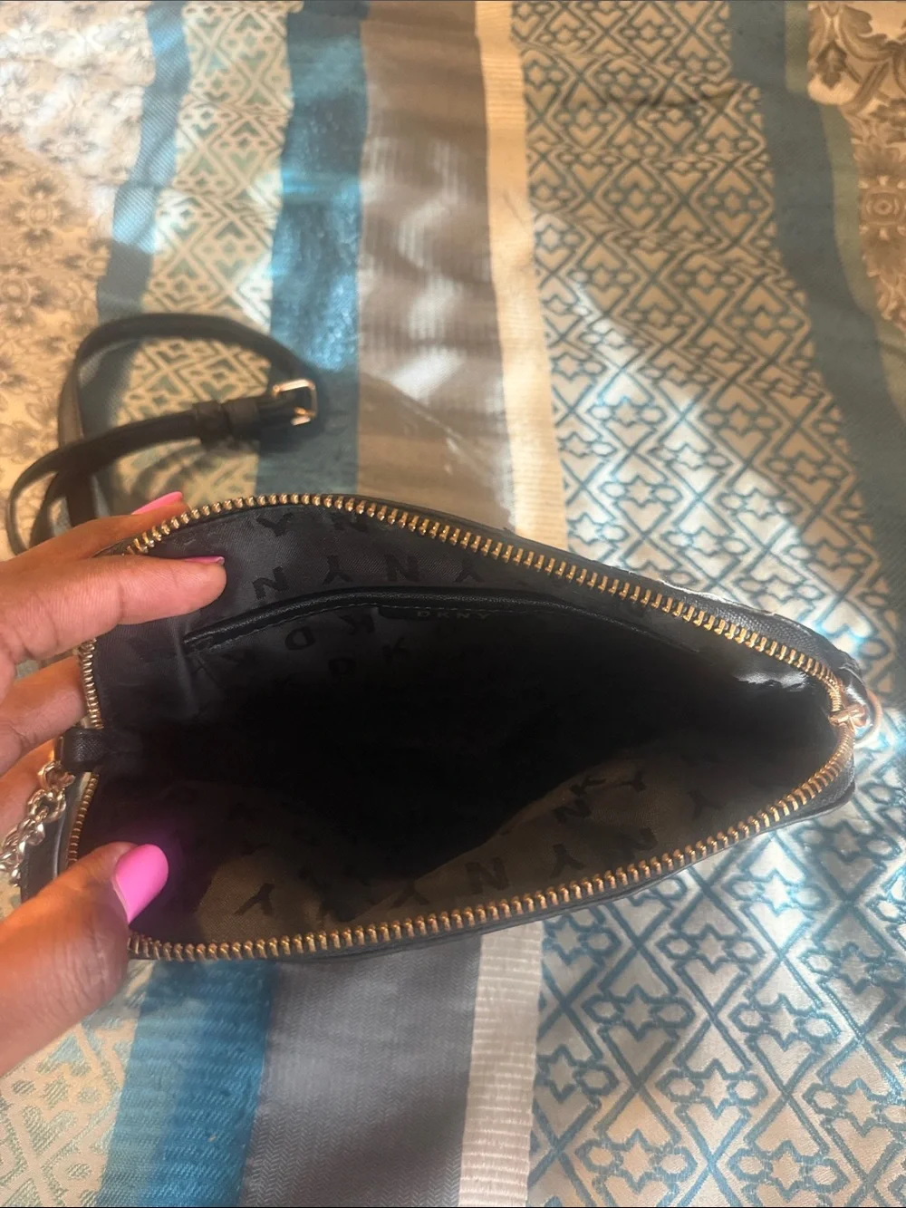 DKNY Black Crossbody with Cream Center Stripe and Monogram